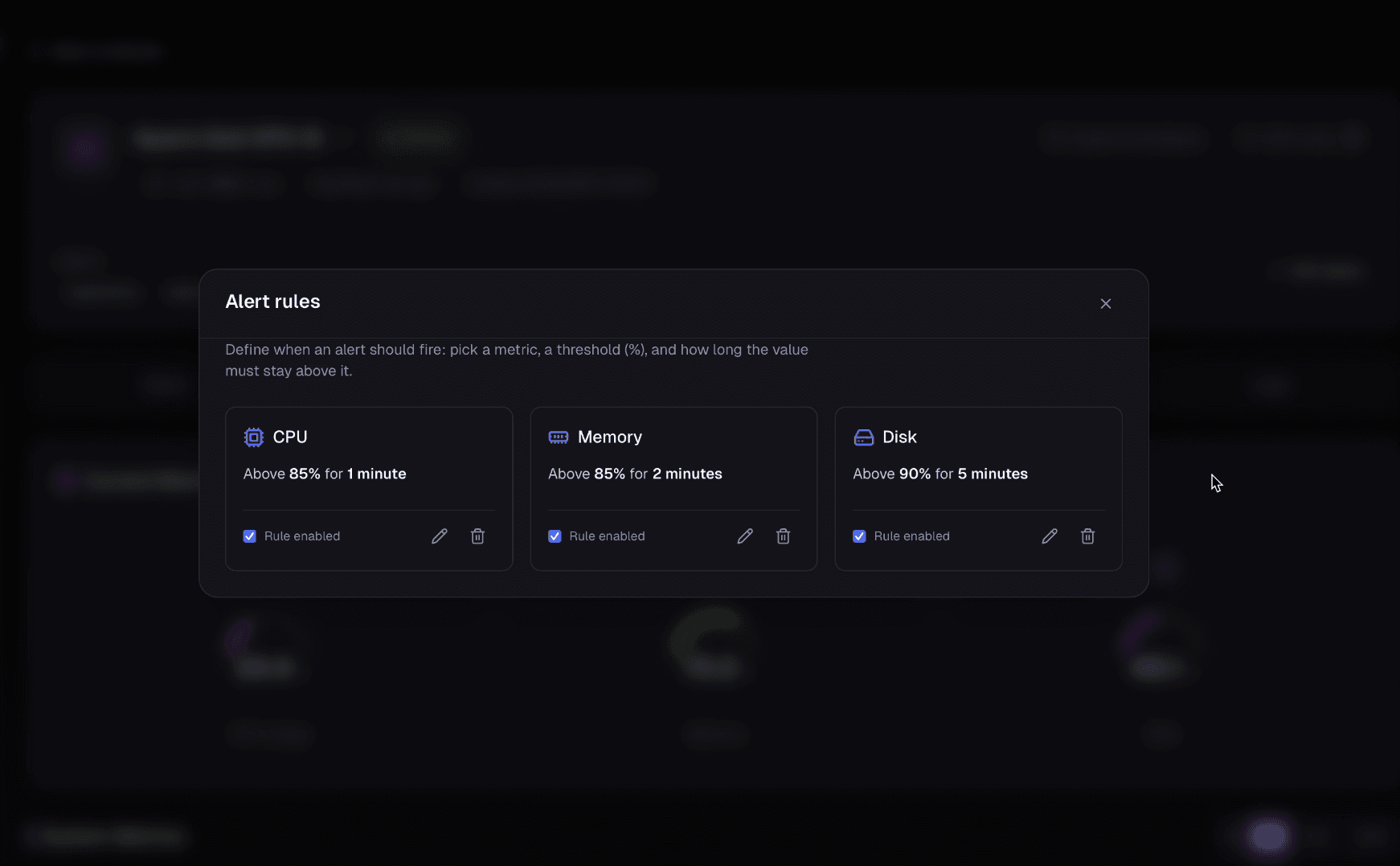 AwareGuardian — Alert rules: CPU, memory, and disk thresholds with duration and enablement.